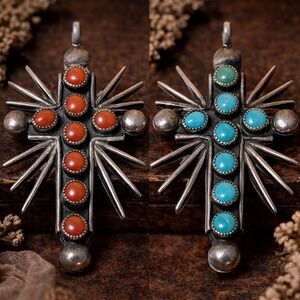 Vintage Southwestern Turquoise Sunburst Cross Pendant Sterling Silver Native Sty